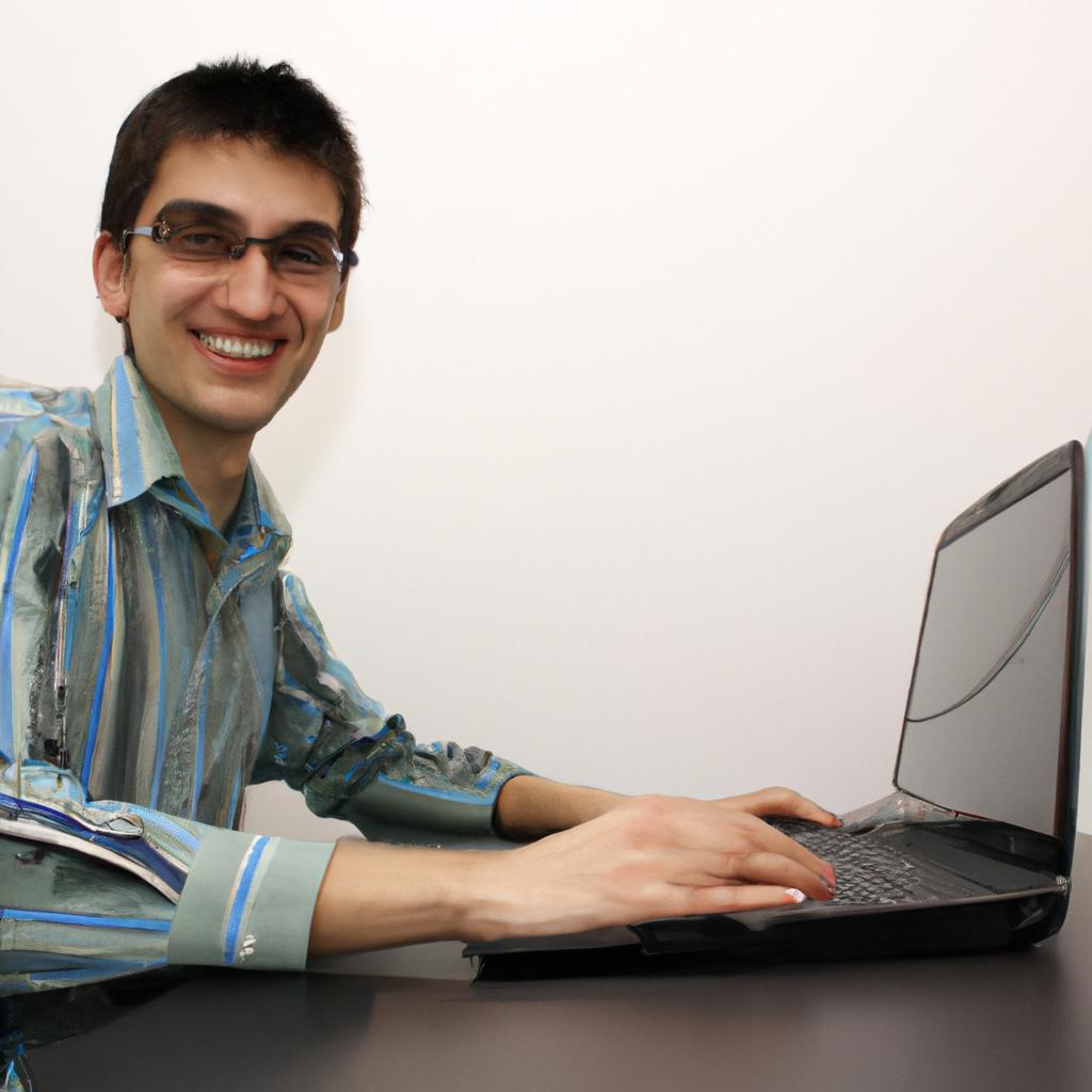 Person working on computer, smiling